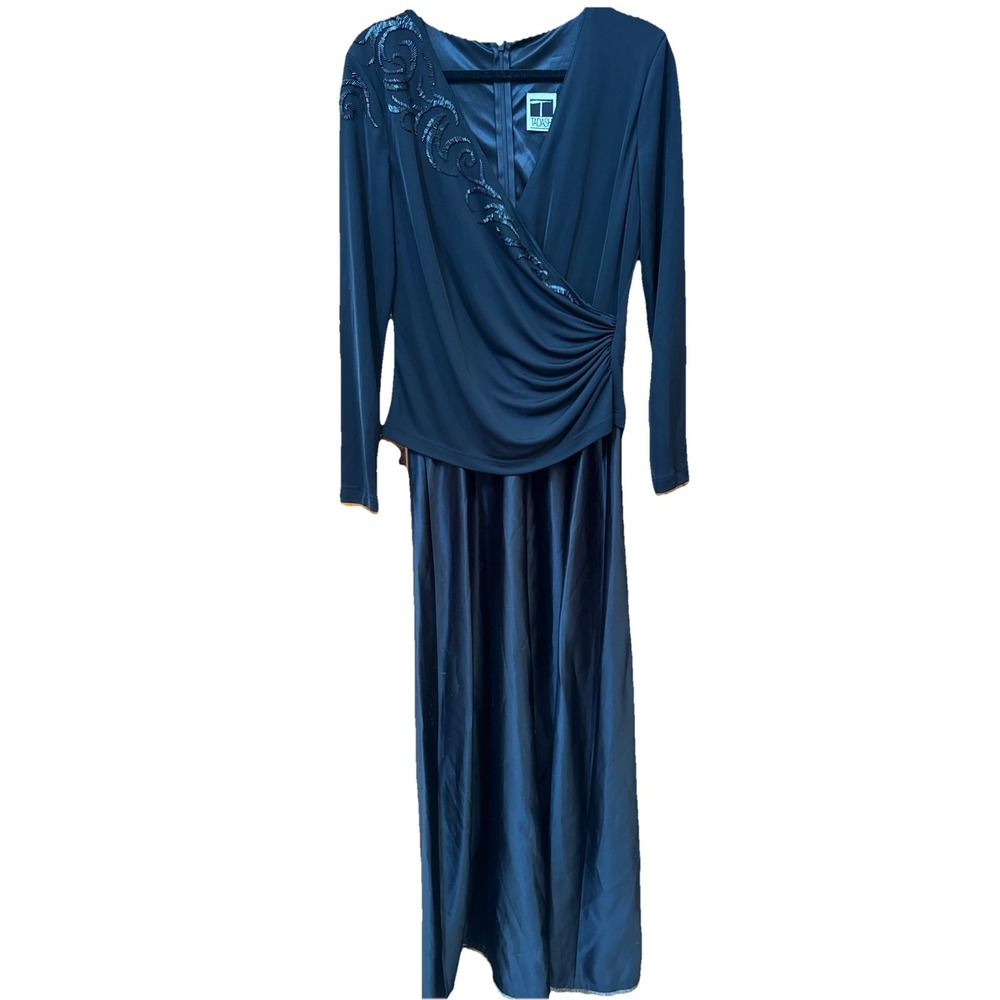 Vintage Tadashi Shoji‎ Black Sheer Satin Long Sleeve Dress Gown Sz 14